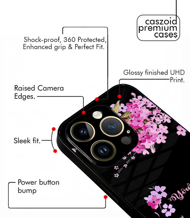 black floral customized name printed premium glossy phone case