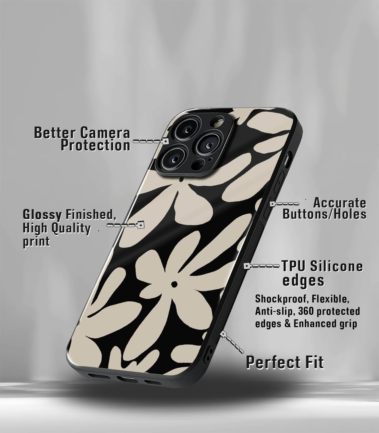 beige & black floral premium glossy phone case