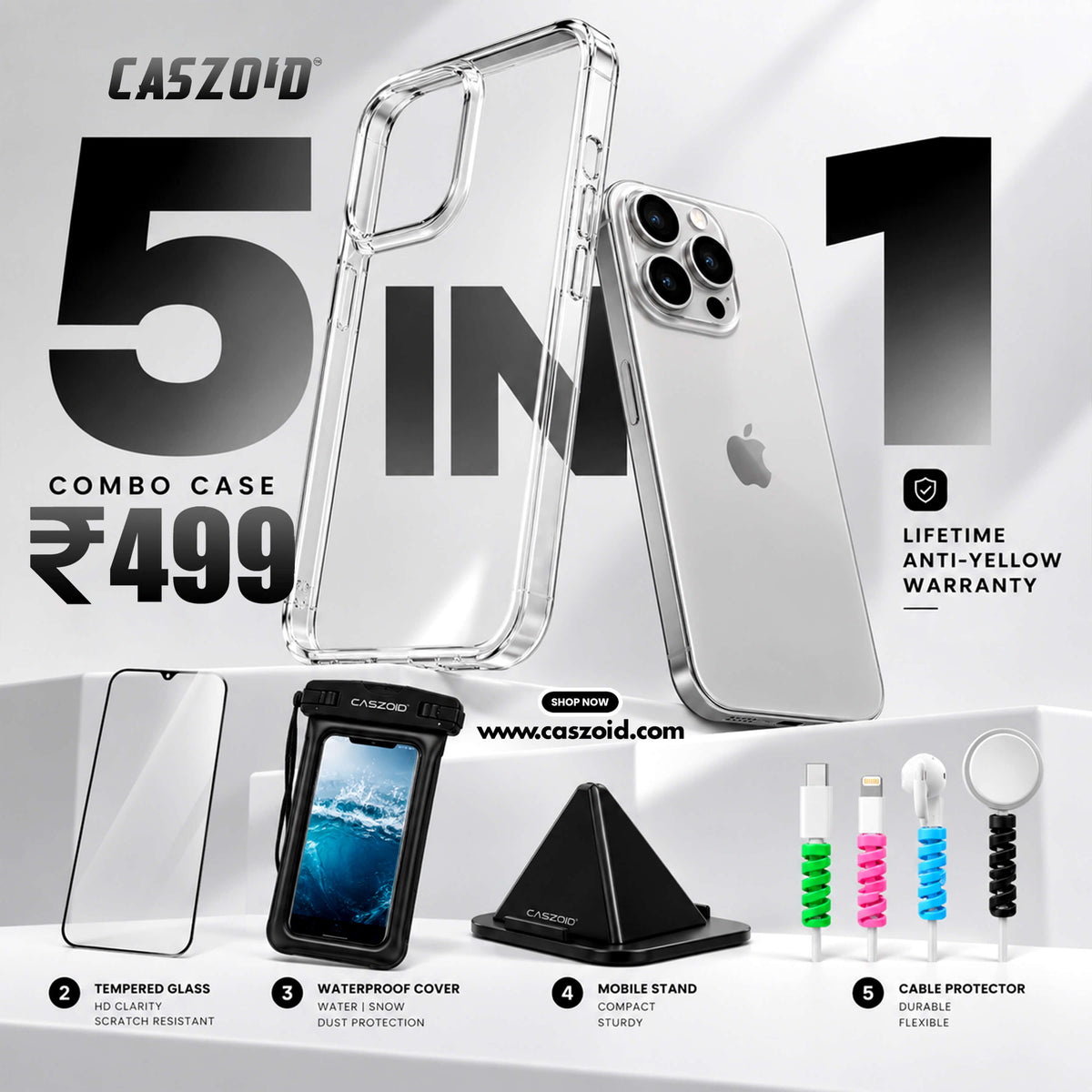 caszoid's 5 in 1 combo products anti-yellow crystal clear case