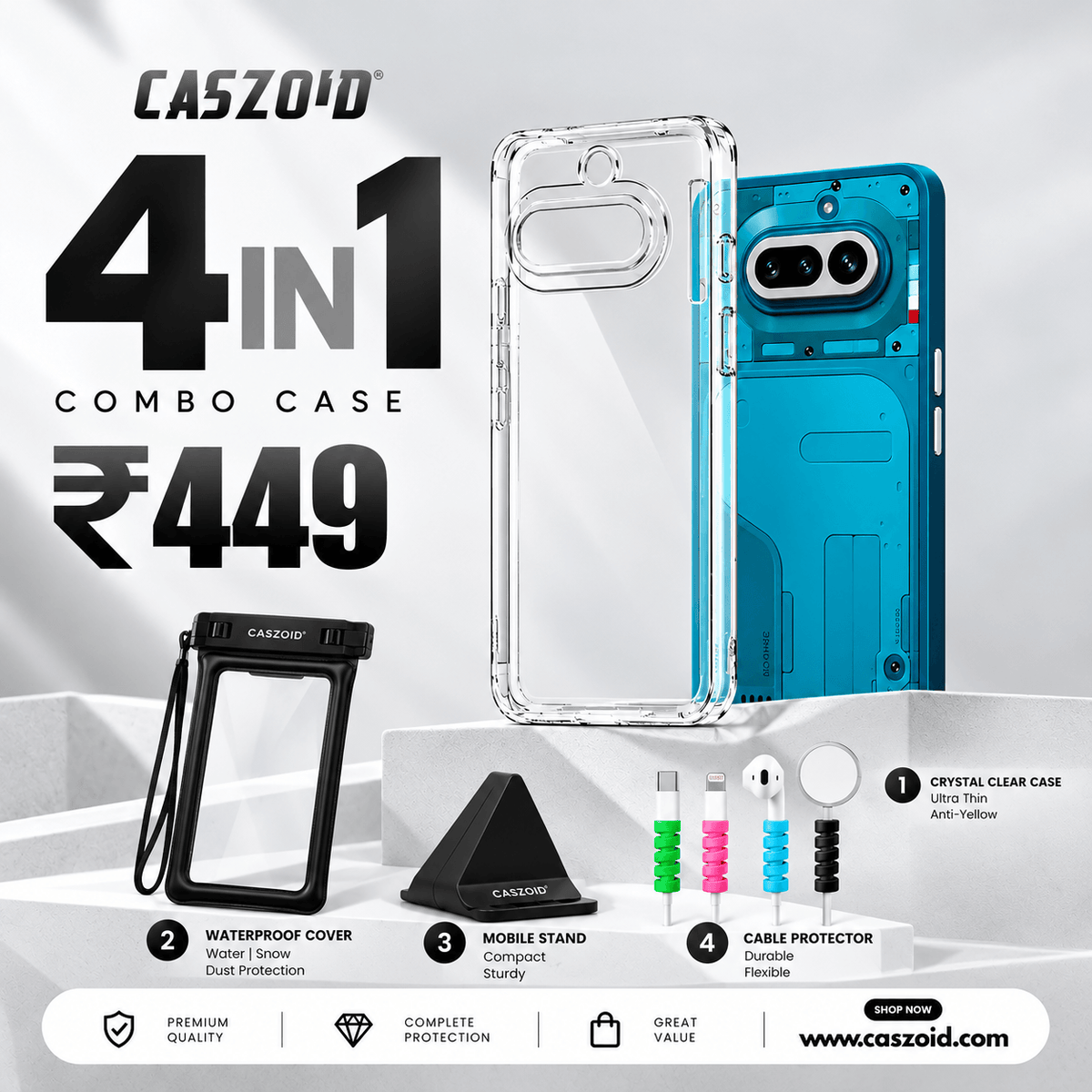 caszoid's 4 in 1 combo products anti-yellow crystal clear case
