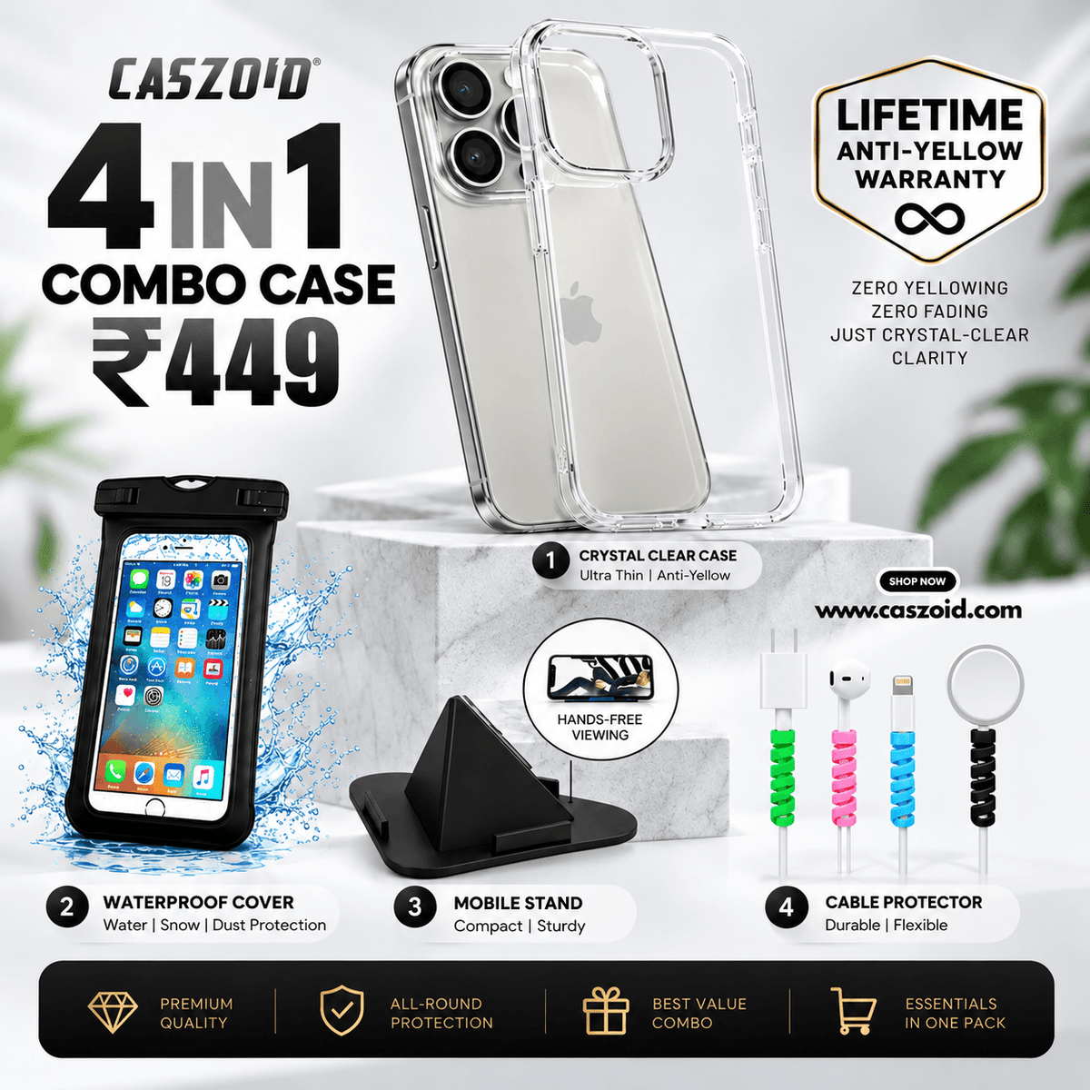 caszoid's 4 in 1 combo products anti-yellow crystal clear case
