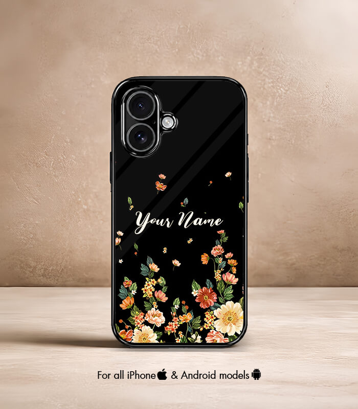 black floral customized name printed premium glossy phone case