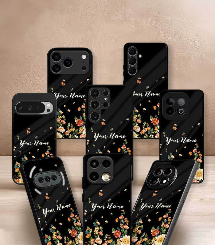 black floral customized name printed premium glossy phone case