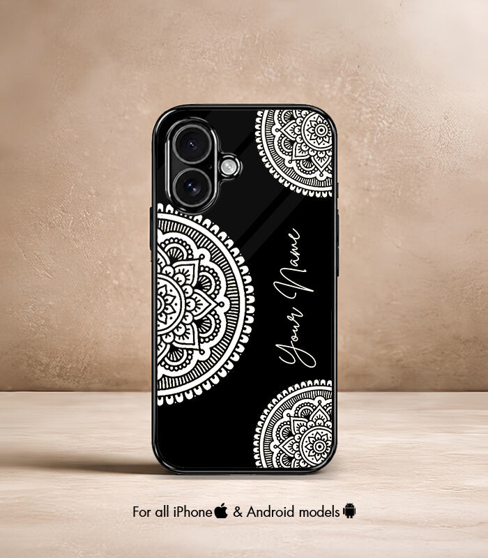 black mandala art customized name printed premium glossy phone case