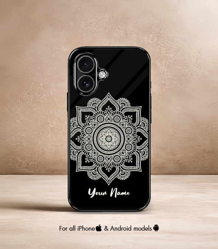 round mandala customized name printed premium glossy phone case