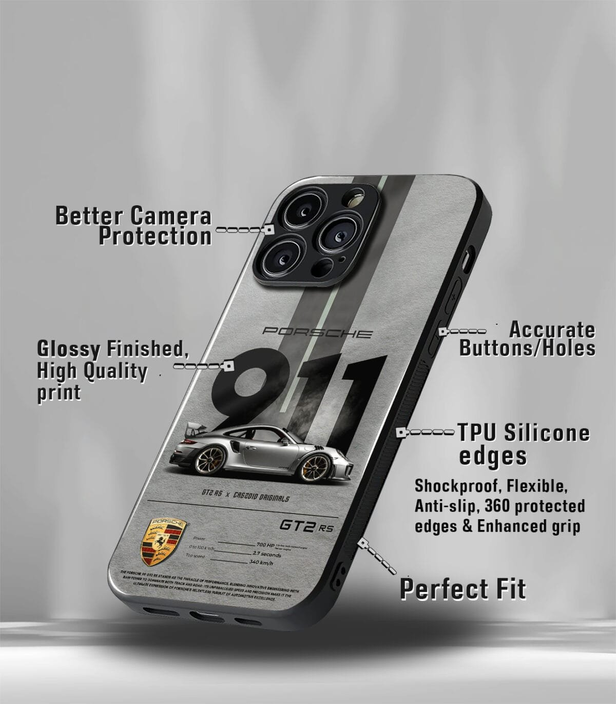 Porsche 911 Grey Premium Glossy PhoneCase - Image 3