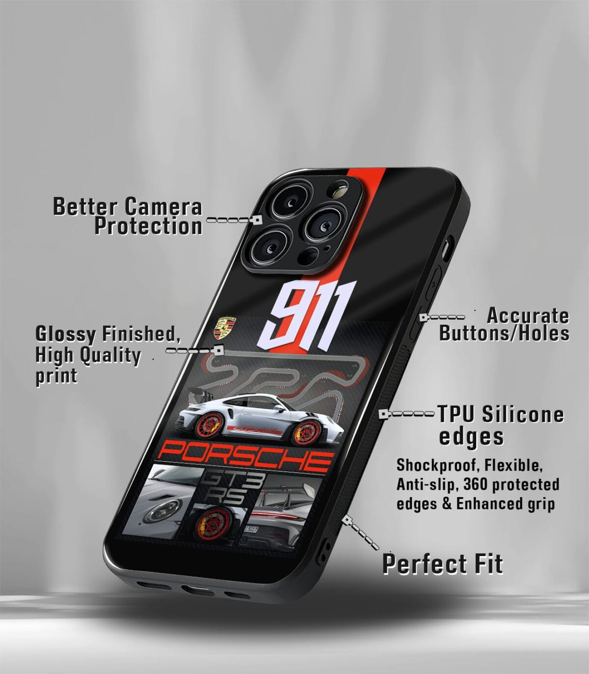 Porsche GT3RS 911 Red & Black Premium Glossy PhoneCase - Image 3