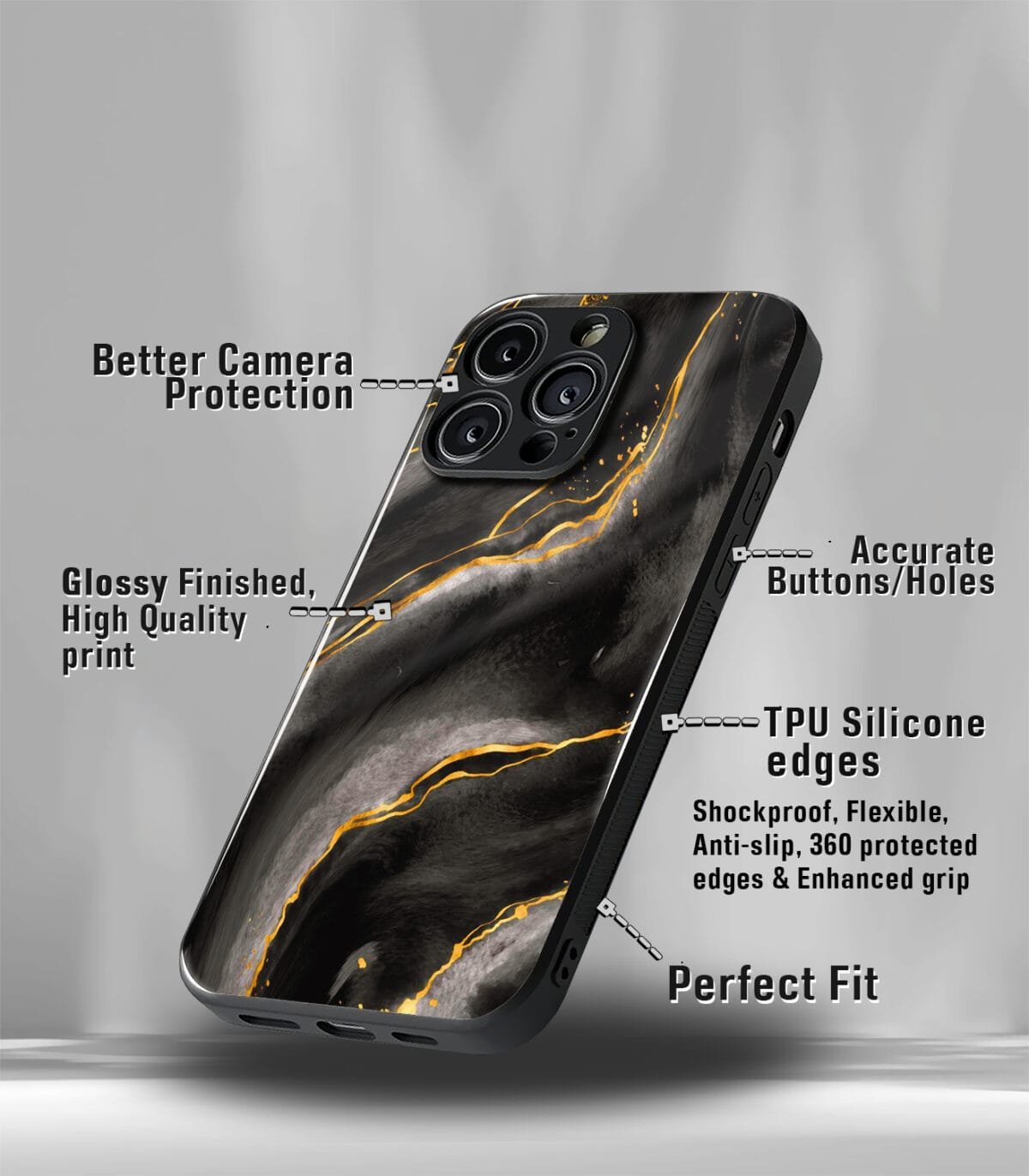 Aesthetic Black Marble Pattern Premium Glossy PhoneCase - Image 3