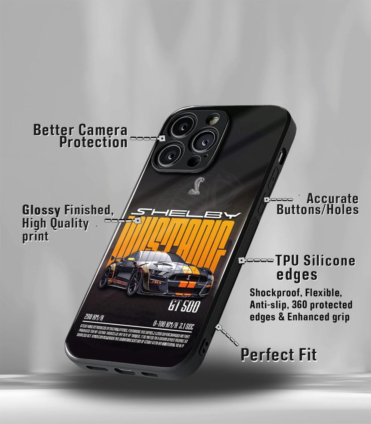 Black Shelby Mustang Premium Glossy PhoneCase - Image 3