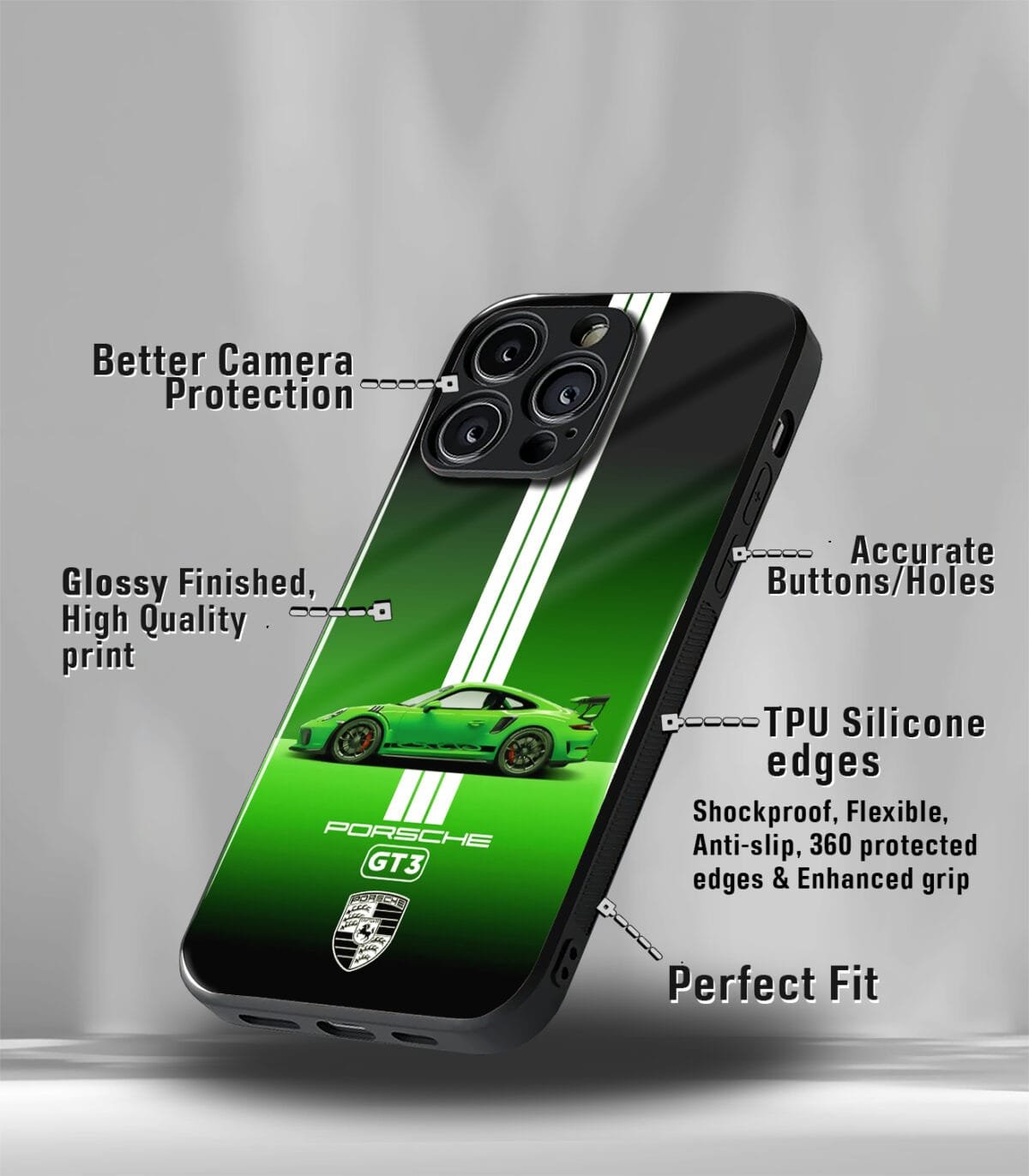 Green GT3 Porsche Premium Glossy PhoneCase - Image 3