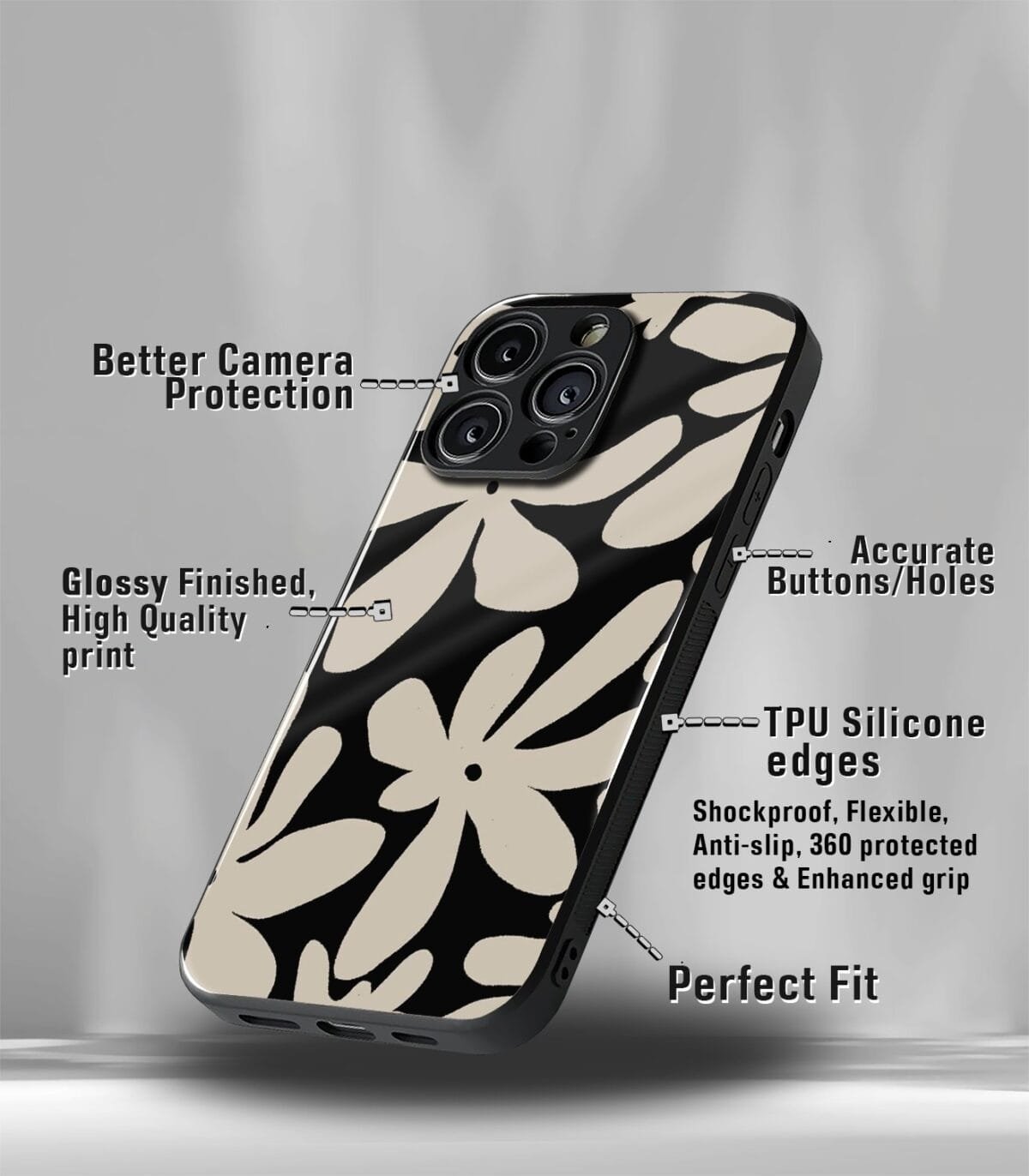 Beige & Black Floral Premium Glossy Phone Case - Image 3